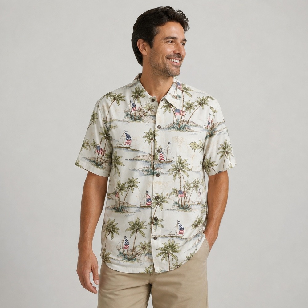 Batik Bay Button Down Shirt Mens XL White Tropical Palm Tree Sailboat USA Flag